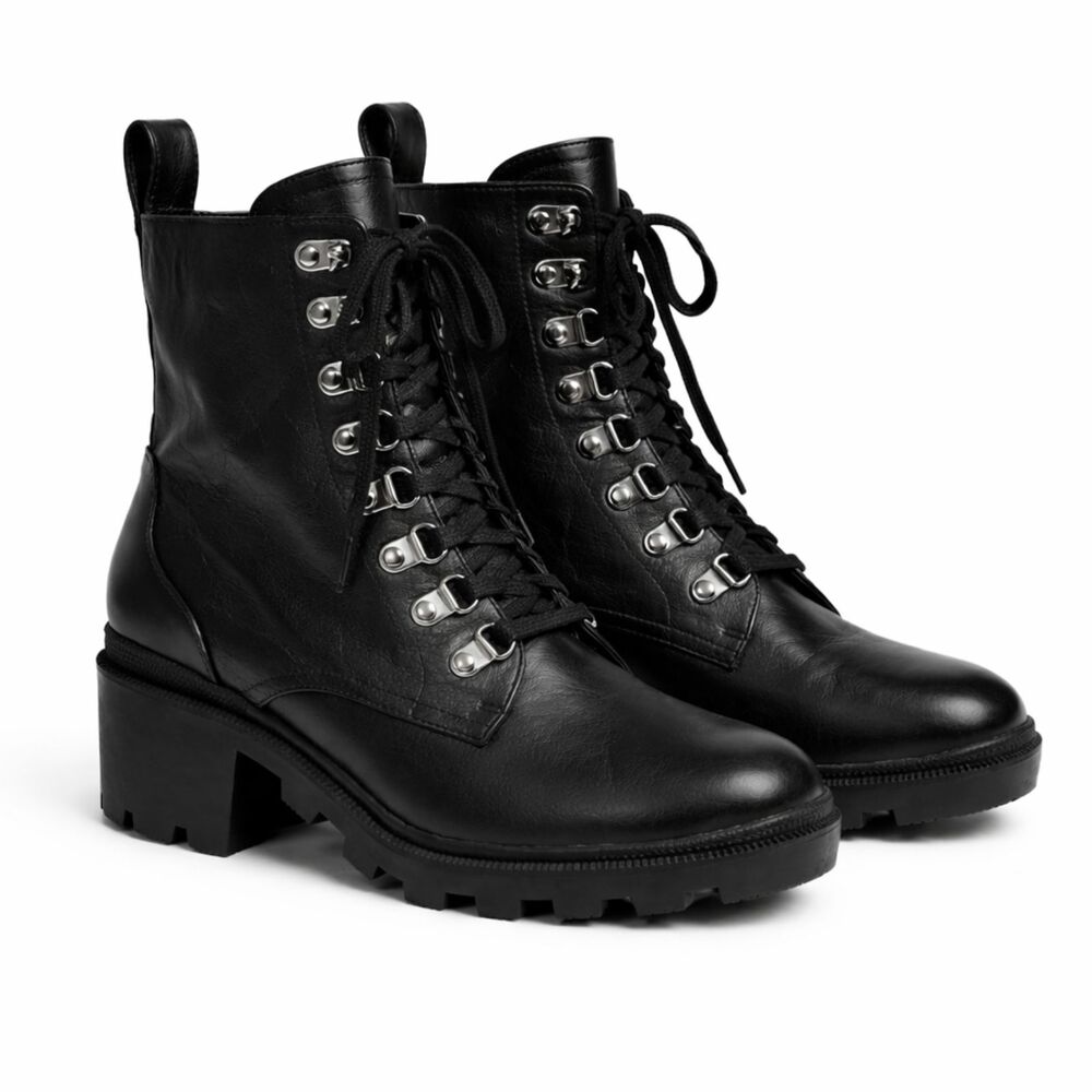 BP Taylor Lea chunky heel combat boots leather black | Size 9